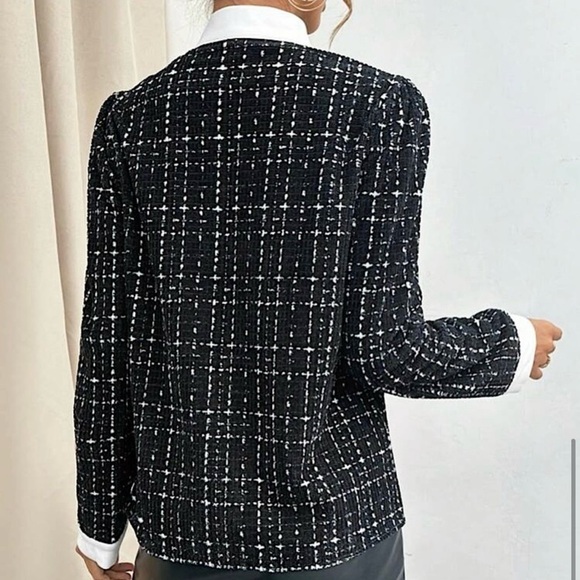 New LUXE TWEED Black + White BOUTIQUE Bow Tie-Neck Pearl Button Down Shirt XL - Picture 6 of 13